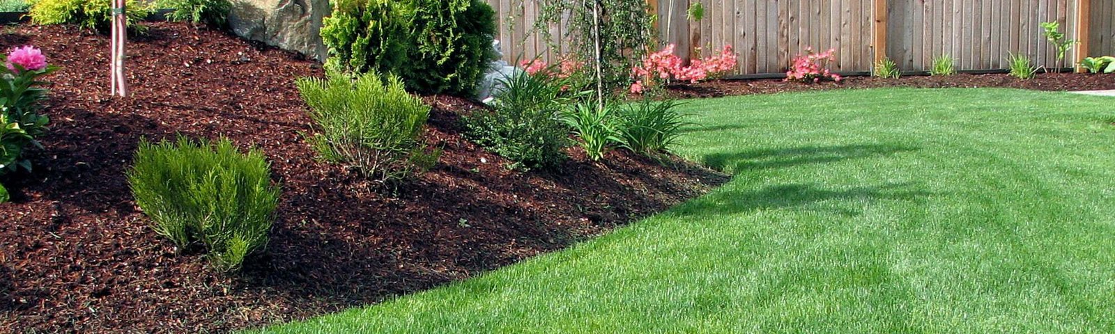 Landscaped flowerbed with fresh mulch and shrubs