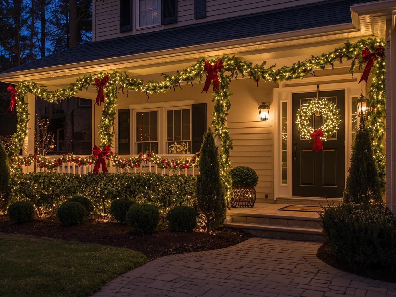 Front porch and roofline decorated with Christmas lights
