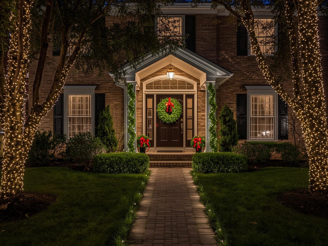 Front entry with a wreath and trees wrapped in warm white lights